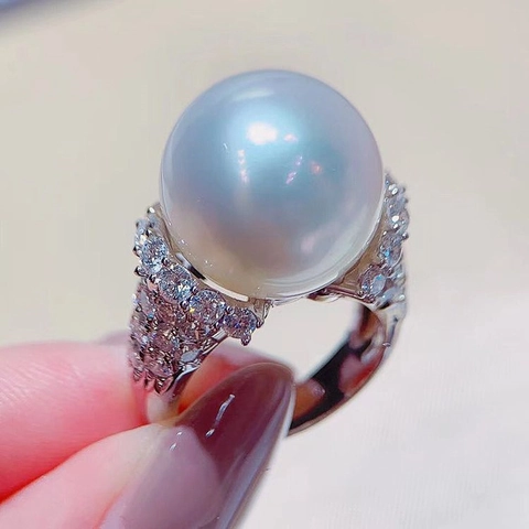 Large Round White Artificial Pearl Ring Luxury Copper Zircon Pave Engagement Wedding Vintage Baroque Statement Jewelry For Women