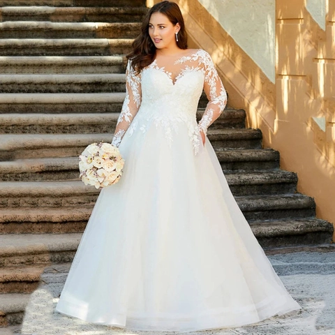 Elegant White Lace Wedding Dress Long Illusion Sleeves V Neck Tulle Trailing Bridal Gown Plus Size Outdoor Church