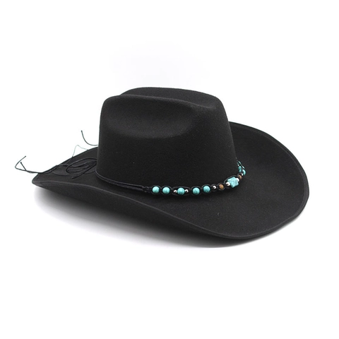 Western Cowboy Hat Wide Brim Rolled Edge Felt Ethnic Turquoise Bead Band Sun Protection Outdoor Unisex Fedora Style