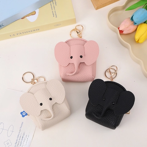 Cute Elephant Mini Coin Purse Earphone Case PU Leather Litchi Pattern Cartoon Animal Shaped Small Wallet With Hook