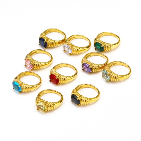 Stainless Steel Oval Gemstone Ring For Women 18K Gold Plated Ribbed Texture Band Four Prong Setting Vintage Light Luxury