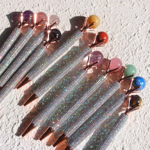Ballpoint Pen Crystal Natural Stone Rhinestone Rose Gold Metal Decorative Luxury Office Writing Stationery Gift