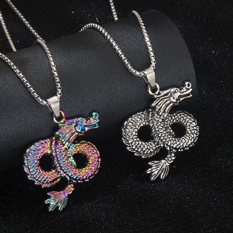 Collier Pendentif Totem Dragon Alliage Et Chaîne En Acier Inoxydable Style Chinois Vintage Arc-En-Ciel Coloré Punk Hip Hop Bijoux