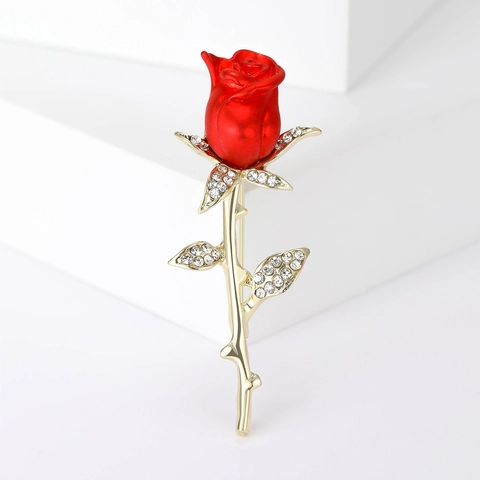 Spilla A Fiore Rosa Rossa Con Strass Lega Smalto Stelo Dorato Vintage Elegante Gioielli Da Revers Per Donna