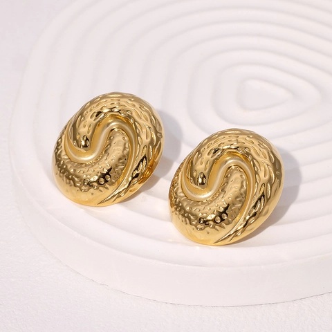 Stainless Steel Stud Earrings 18K Gold Plated Hammered Texture Oval Spiral Geometric Statement For Women