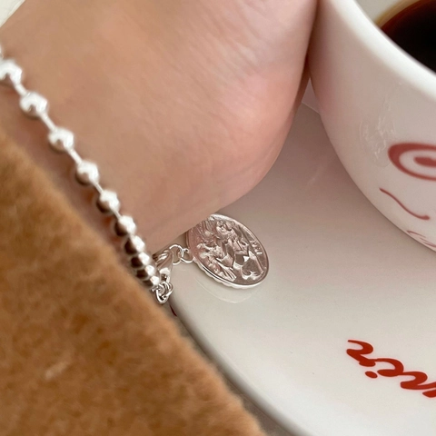 Bracciale A Catena Di Perline In Argento Sterling 925 Con Ciondolo A Moneta In Rilievo Retro Per Donna Design Semplice