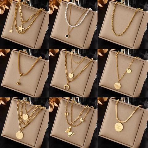 Butterfly Star Moon Pendant Necklace Layered Stainless Steel Gold Plated Faux Artificial Pearl Chain Niche Design For Women