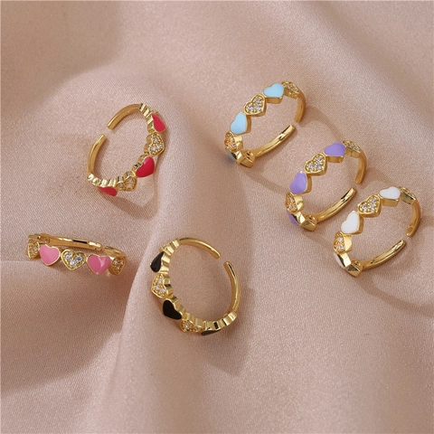 Heart Shaped Copper Ring With Zircon And Enamel Colorful Adjustable Gold Plated Sweet Jewelry For Women