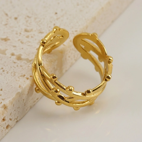 Irregular Mesh Woven Open Adjustable Ring Stainless Steel 18K Gold Plated Vintage European Style For Women Fashion Jewelry