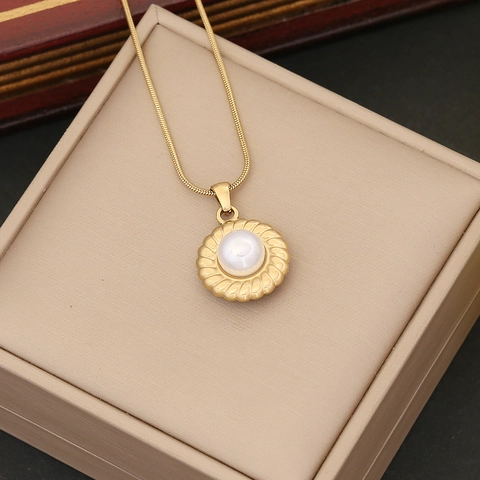 Vintage Stainless Steel Artificial Pearl Pendant Necklace And Earrings Set For Women Fashion Gold Color Jewelry
