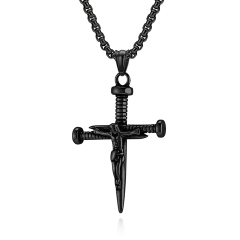 Collar De Cruz Crucifijo Para Hombre Acero Inoxidable Diseño De Clavo Colgante Relieve Jesús Joyería Hip Hop Religiosa