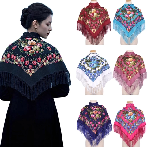 Ethnic Floral Print Square Scarf With Tassels Polyester Shawl Bohemian Headscarf Retro Style For Women