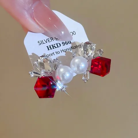 Orecchini A Lobo Floreali Vintage Con Cristallo Rosso Perla Artificial Sintetica E Zircone Perno In Argento Sterling 925 Gioielli