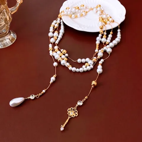 Vintage Layered Artificial Pearl Necklace Long Sweater Chain For Women Alloy With Rhinestone Key Pendant And Teardrop Artificial Pearl Drop