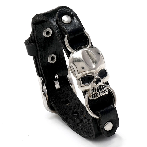 Skull Punk Leather Bracelet PU Alloy Skeleton Rivet Adjustable Buckle Gothic Rock Wristband Unisex