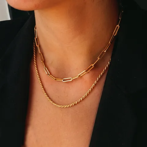 Bohemian Minimalist Double Layered Stainless Steel Necklace Gold Plated Paperclip And Rope Chain Necklace For Women Jewelry