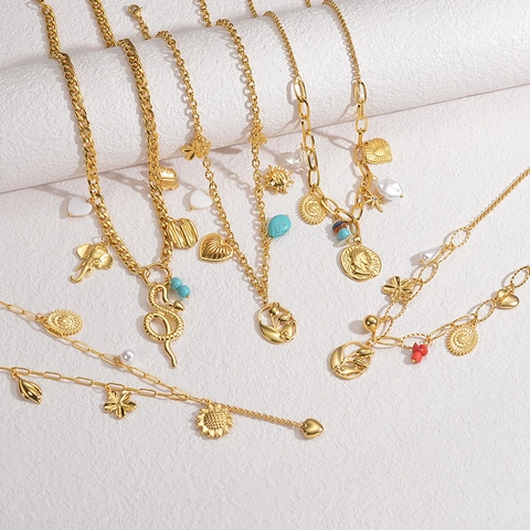 Collana Vintage in Acciaio Inossidabile Placcato Oro 18K Con Pendenti Multipli Donna Perla Artificiale Cuore Elefante Moneta Stella Gioielli