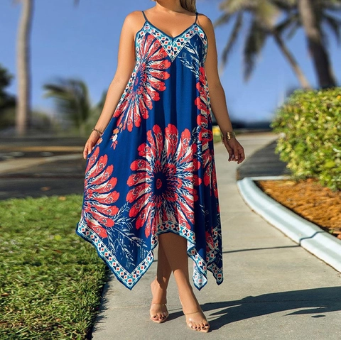 Bohemian Maxi Dress Polyester V-Neck Spaghetti Strap Irregular Hem Floral Print Summer Beach Vacation For Women