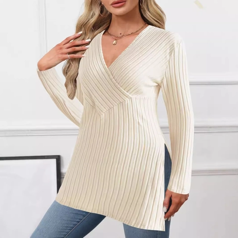 Women's Casual V Neck Long Sleeve Ribbed Knit Top Solid Color Slim Fit Side Slit Pullover Sweatshirt For Autumn Winter