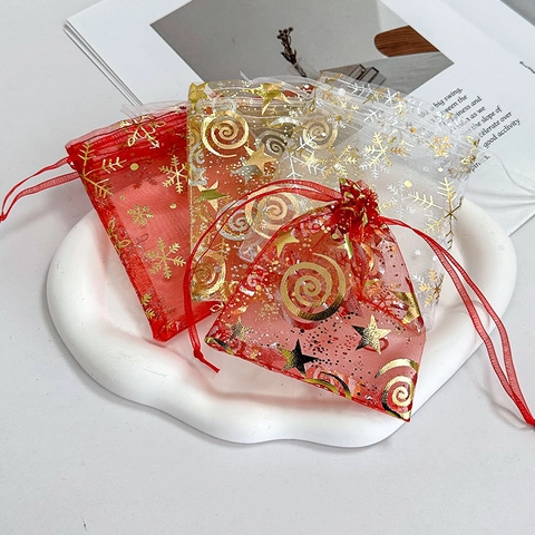 Sacchetti Regalo Organza Bustine Coulisse Bronzatura Oro Argento Stella Fiocco Neve Gioielli Matrimonio Festa Bomboniera Natale Decoro