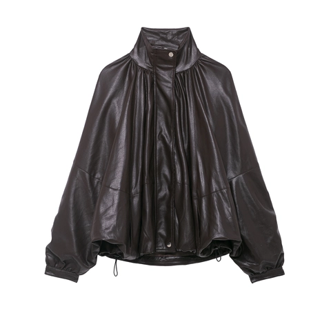 Women Faux Leather Bomber Jacket Stand Collar Drawstring Hem Long Sleeve Zipper Solid Coffee Color