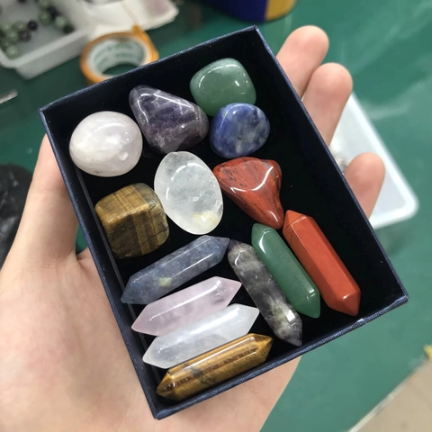 Natürliche Kristallsteine Mineralienproben Geschenkbox Amethyst Rosenquarz Hexagonale Punkte Trommelsteine Für Meditation Heilung Dekor