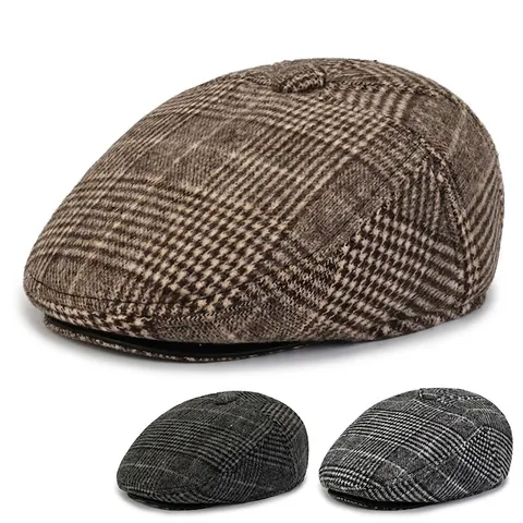 Gorra Plana Retro A Cuadros Lana Invierno Cálida Sombrero Vintage Británico Ajustable Resistente Al Viento Hombre