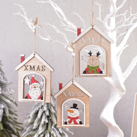 Ornamenti Appesi In Legno Di Natale Casetta Dipinta Cava Segno Xmas Babbo Natale Pupazzo Di Neve Renna Motivi Decorazione Albero Rustico