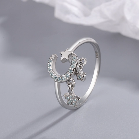 Verstelbare Open Ring Ster Maan Met Strass Steentjes Hangende Sterren Koperen Sieraden Voor Dames