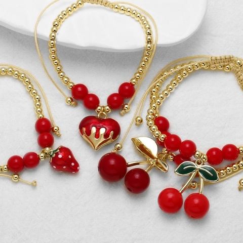 Beaded Bracelet Copper 18K Gold Plated Red Beads Fruit Cherry Strawberry Heart Charms Adjustable Woven Rope Fashion Women