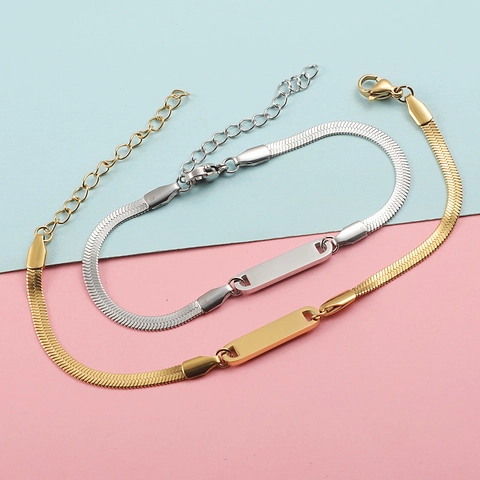 Edelstahl Schlangenkette Armband Mit Rechteckiger ID Bar Platte Verstellbarer Minimalistischer Schmuck Unisex