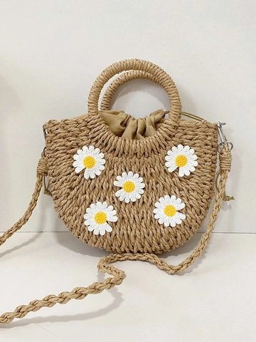 Damen Mini Stroh Umhängetasche Gehäkelte Gänseblümchen Papierschnur Eimer Tasche Mit Kordelzug Für Sommer Strand Urlaub