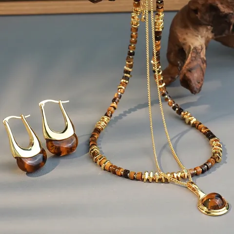 Conjunto de Joyas Retro Francés Collar de Cuentas Ojo de Tigre Colgante Cristal Ahumado Pendientes Ámbar Mujer