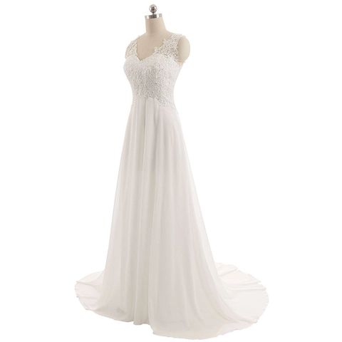 A-Lijn Trouwjurk V-Hals Kant Chiffon Mouwloos Rugloos Bruidsjurk Strand Voor Dames