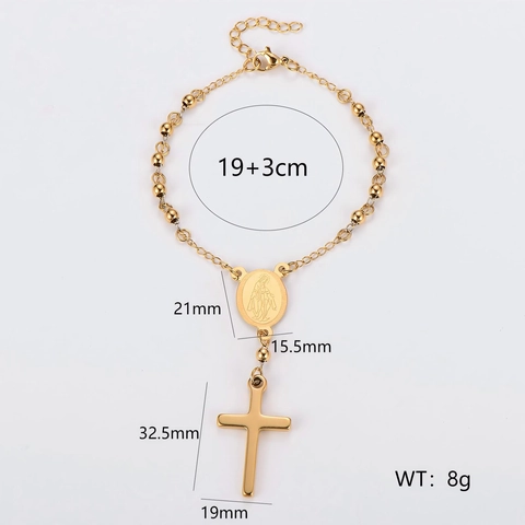 Rosary Bracelet 304 Stainless Steel Cross Pendant Virgin Mary Medal Beaded Chain Religious Vintage Hip Hop Jewelry