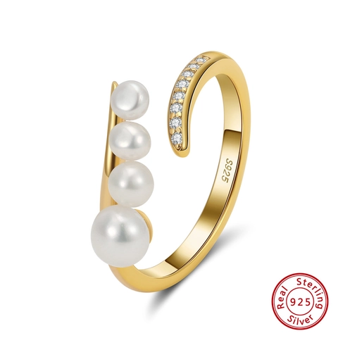 925 Sterling Silver Freshwater Pearl Ring For Women French Vintage Geometric Adjustable Open Ring Gold Silver Plated Zirconia Jewelry