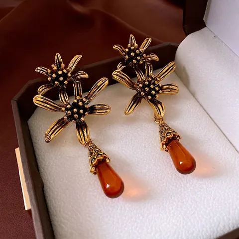 Pendientes Colgantes De Flores Vintage Con Gota De Agua Resina Ámbar Joyería Aleación Mujeres Poste De Plata