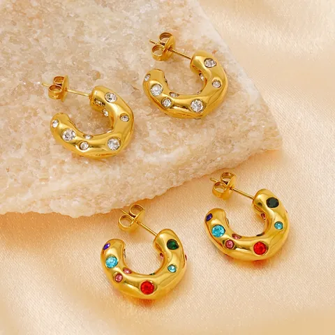 C Shape Hoop Earrings 18K Gold Plated Stainless Steel Thick Multicolor Zircon Studs For Women