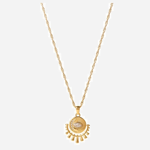 Evil Eye Sun Moon Pendant Necklace Stainless Steel Zircon Inlaid French Retro Vintage Niche Design Gold Plated For Women