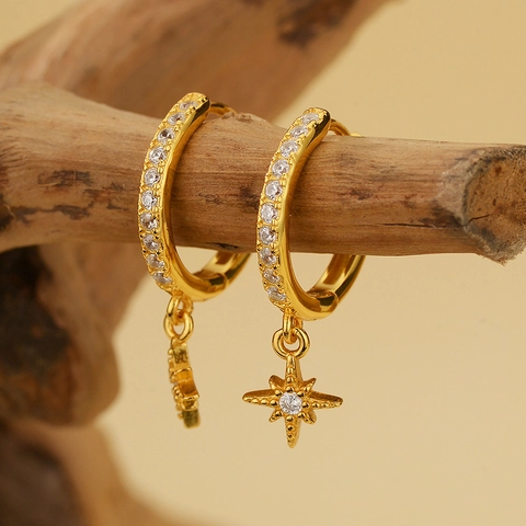 Orecchini a Cerchio con Ciondolo a Stella in Argento Sterling 925 per Donna Gioielli di Moda con Strass Micro Intarsiati