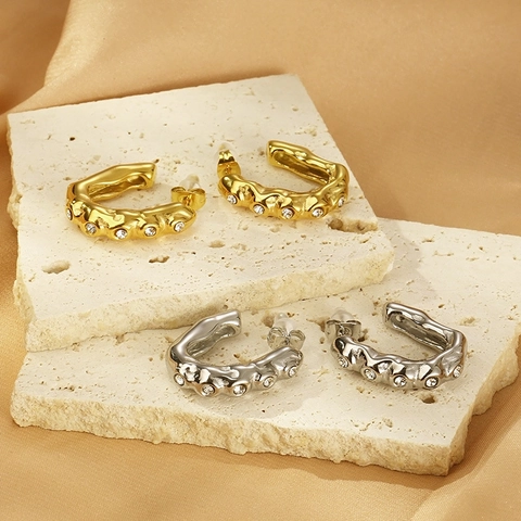 Retro C Shaped Hoop Earrings For Women French Style Titanium Steel Irregular Hammered Texture Inlaid Zircon Jewelry