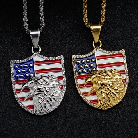 Colgante Cabeza De Águila Collar Bandera Estadounidense Esmalte Acero Inoxidable 316L Pedrería Joyería Hip Hop Hombre