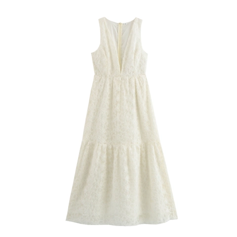 Women Sleeveless Deep V-Neck Lace Maxi Dress Elegant French Style Ivory White Solid Color High Waist Long Skirt