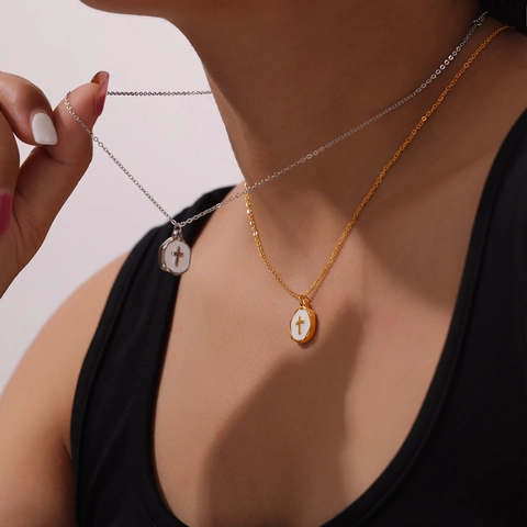 Collana Minimalista In Acciaio Al Titanio Placcato Oro Pendente A Cuore Piastra Rotonda Croce Goccia D'olio Gioielli Per Donna Moda