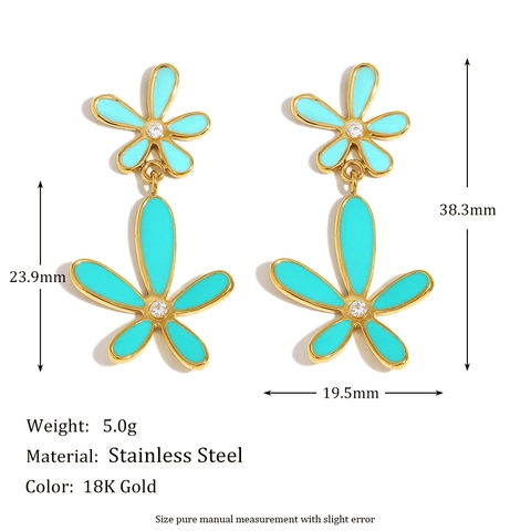 Daisy Double Flower Stud Earrings Stainless Steel 18K Gold Plated Enamel Zircon Floral Jewelry For Women Mint Green