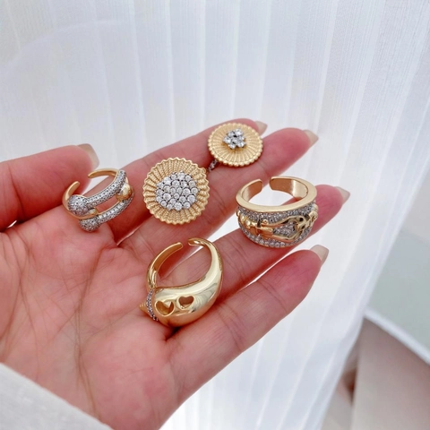 18K Gold Plated Copper Ring For Women Adjustable Two Tone Cubic Zirconia Sunflower Heart Geometric Horsebit Luxury Fashion