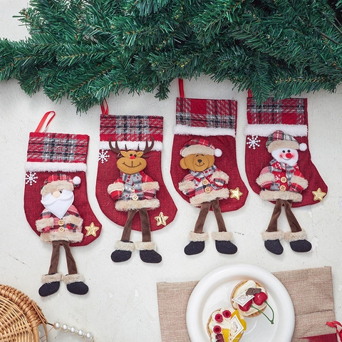 Kerstsok Cadeautas Linnen Pluche Geblokt Met 3D Kerstman Sneeuwpop Rendier Beer Pop Decoratie Voor Home Holiday Party