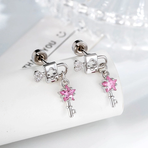 Heart Lock Key Star Pendant Ear Piercing Stud Titanium Steel Copper Zircon Cross Inlaid Jewelry For Women Chic
