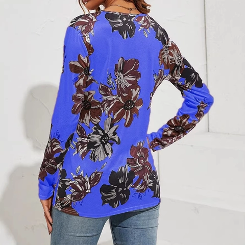 Damen Blätter Blumendruck Schlanke Passform Langarm T-Shirt V-Ausschnitt Reißverschluss Pullover Lässig Polyester Top Retro Streetwear Kleidung