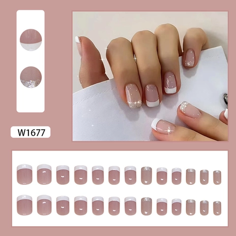 Uñas De Presión Francesas Con Brillo Cortas Cuadradas Redondas Desmontables Elegantes Rosa Nude Plástico ABS Para Mujeres